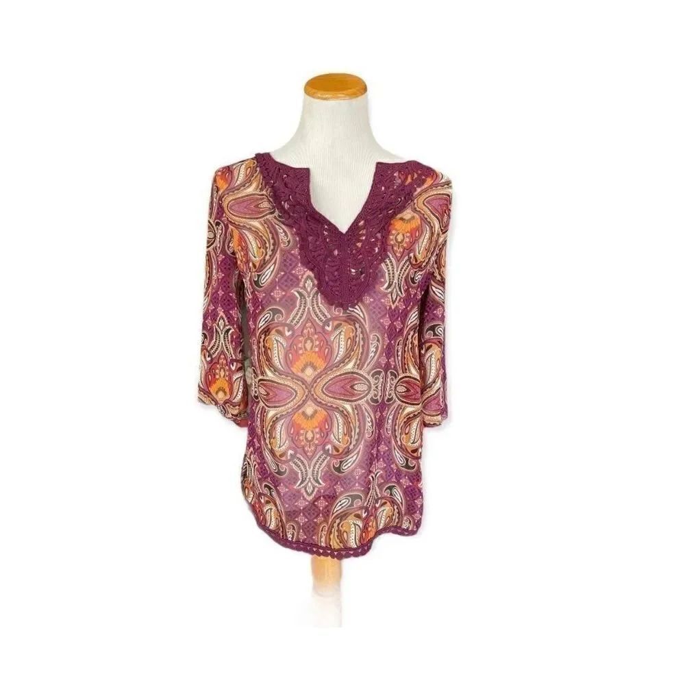 Womens East 5th Semi Sheer Paisley & Lace 3/4 Sleeve Tunic Top - Sz S